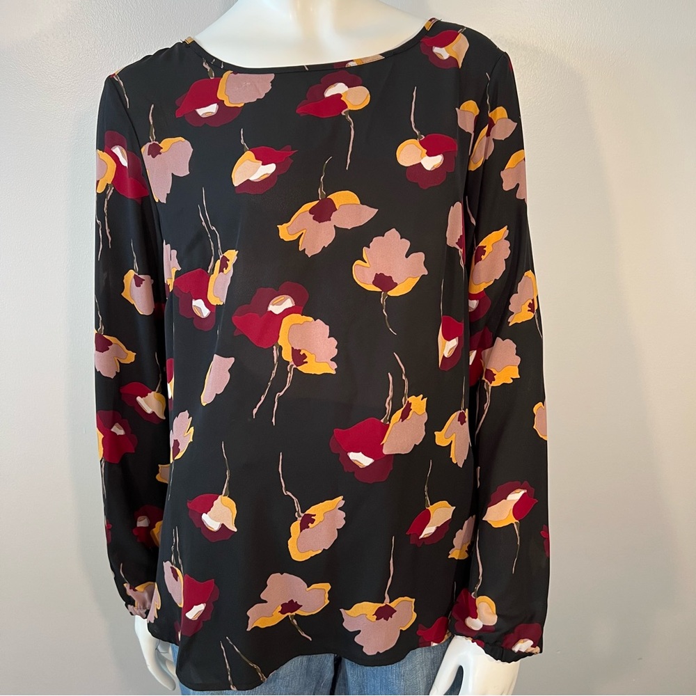 Nine West Women's Floral-Print Top, Black/Burgundy  Long Sleeves Size Large